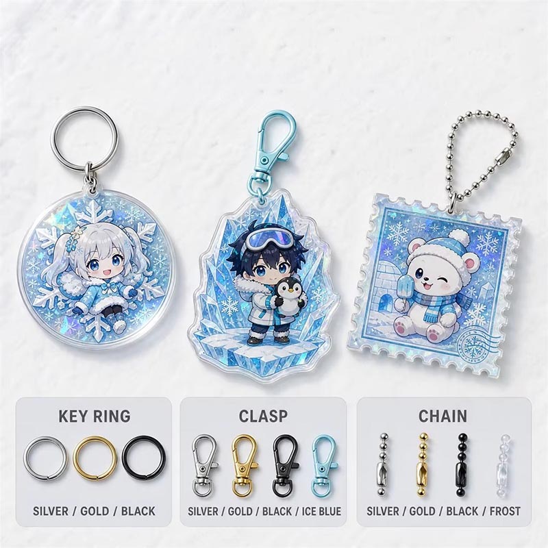 Diseño de colgante de anime de copo de nieve con llavero acrílico de pingüino personalizado