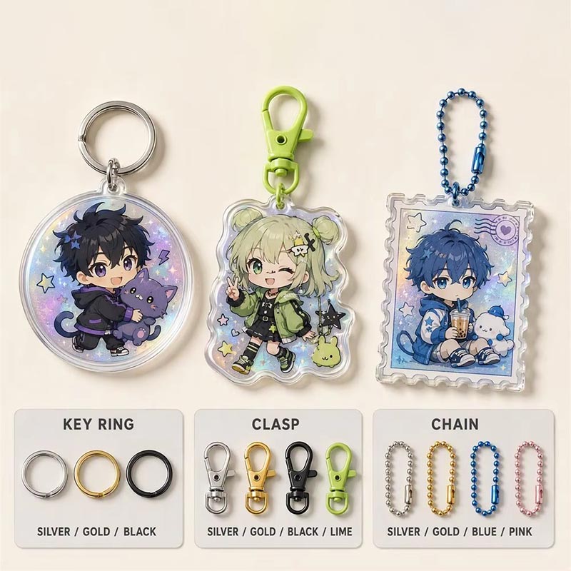 Llavero acrílico Chibi personalizado con estampado UV, epoxi holográfico