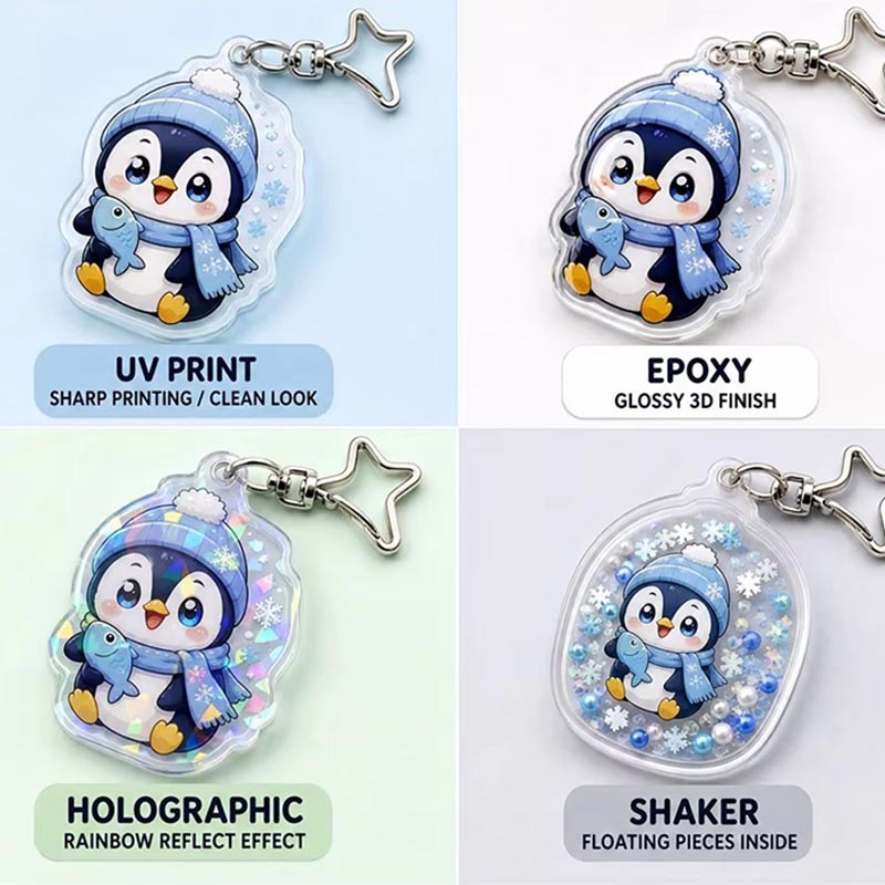Diseño de colgante de anime de copo de nieve con llavero acrílico de pingüino personalizado