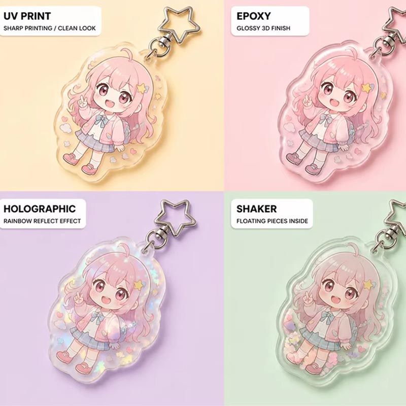 Llavero acrílico Chibi personalizado con estampado UV, epoxi holográfico