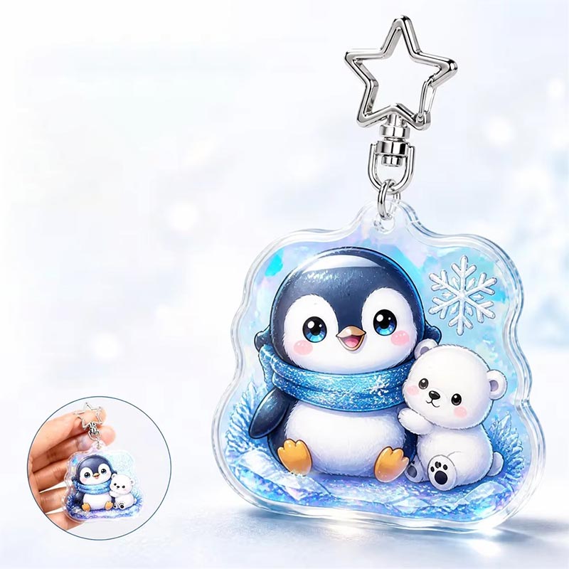 Diseño de colgante de anime de copo de nieve con llavero acrílico de pingüino personalizado