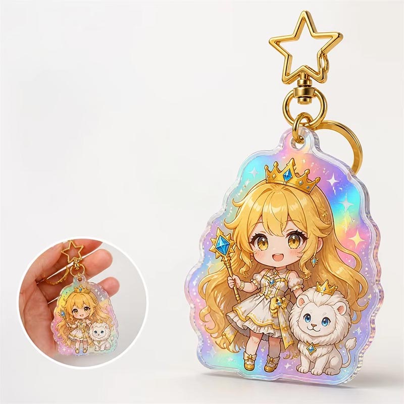 Llavero acrílico Chibi personalizado con estampado UV, epoxi holográfico