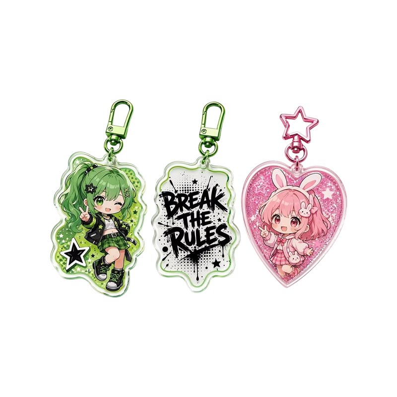 Llavero acrílico Chibi personalizado con estampado UV, epoxi holográfico