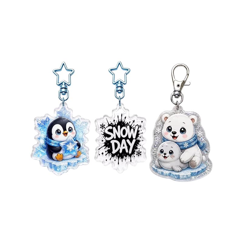 Diseño de colgante de anime de copo de nieve con llavero acrílico de pingüino personalizado