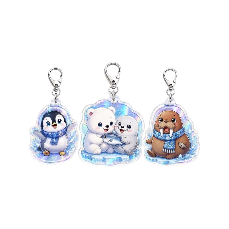 Diseño de colgante de anime de copo de nieve con llavero acrílico de pingüino personalizado