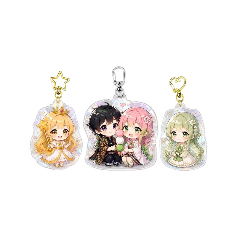 Llavero acrílico Chibi personalizado con estampado UV, epoxi holográfico